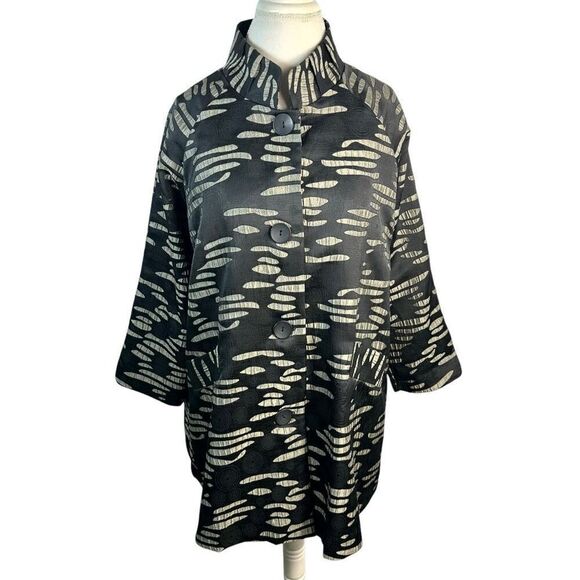 Damee Inc Textured Button Jacket Black Mandarin Collar A-line Lagenlook Size M - Picture 1 of 10